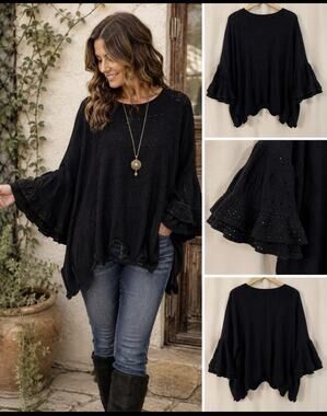 Muche et Muchette Black Eyelet Knit Sweater Scalloped Bell Sleeve Boho